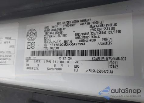 2019 Ford Transit-250 from USA, damaged, VIN 1FTYR2CMXKKA97993